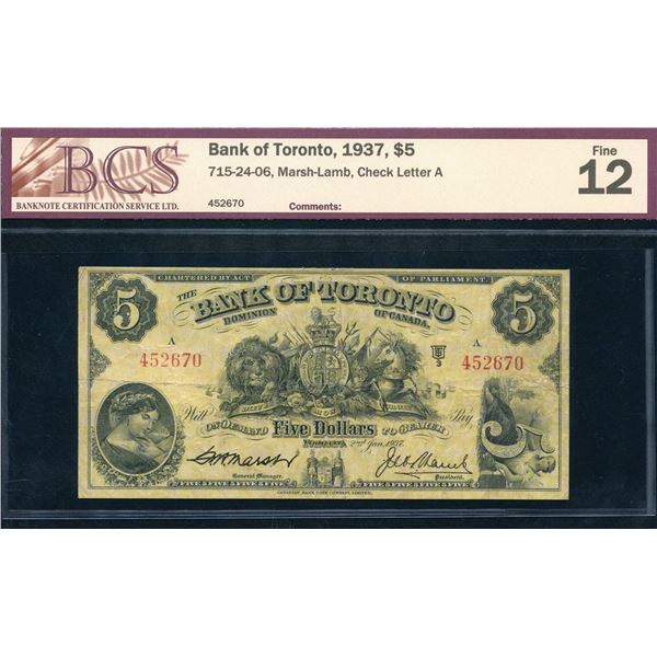Bank of Toronto $5, 1937