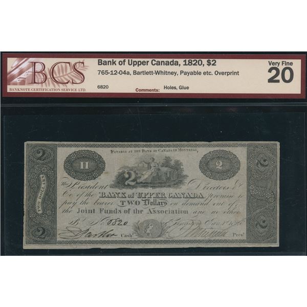 Bank of Upper Canada $2, 1820