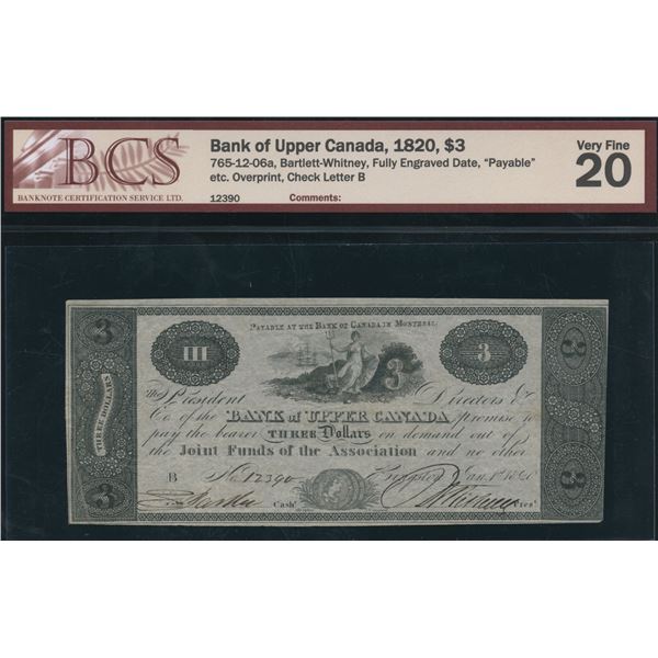 Bank of Upper Canada $3, 1820