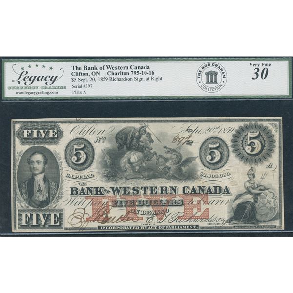 Bank of Western Canada $5, 1859