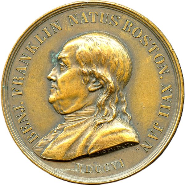 (1784) Bronze Betts 619 Matte Restrike Franklin Winged Genius, Edge marked (cornucopia) BRONZE.