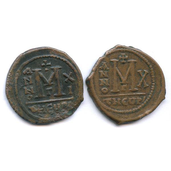 Byzantine Empire - Maurice Tiberius (AD 582-602). AE Follis (40 Nummi). Lot of 2