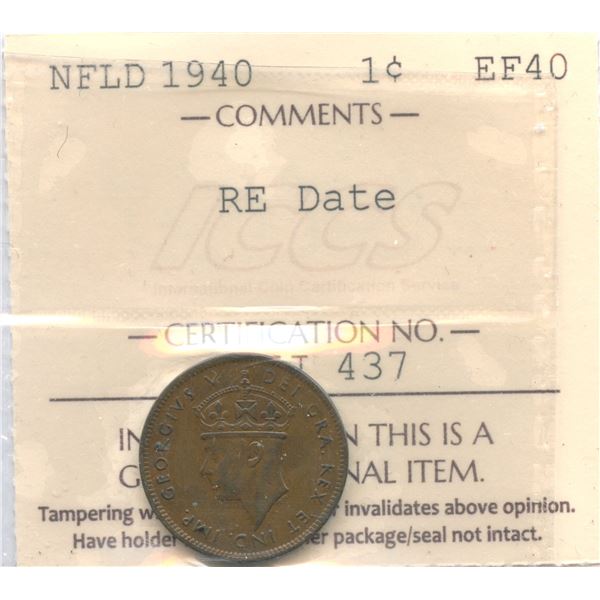 1940 Newfoundland One Cent - Re-Engraved Date