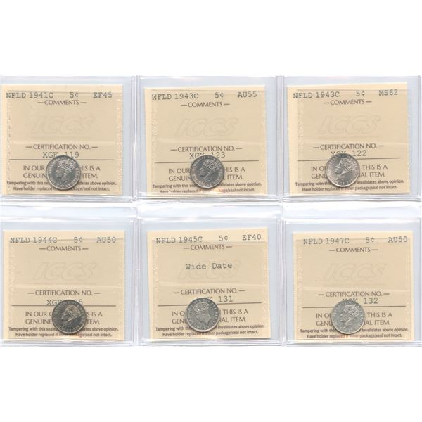 Lot of 6 ICCS Graded Newfoundland Five Cents