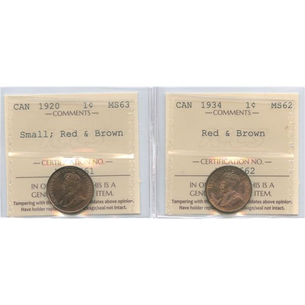 1920 & 1934 ICCS Graded Lot of 2 One Cents