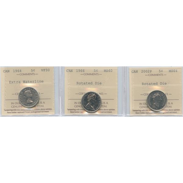 Lot of 3 ICCS Graded Five Cents Varieties