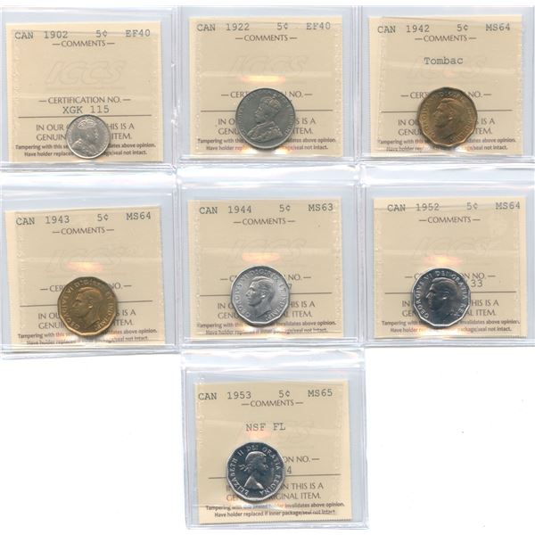 Lot of 7 ICCS Graded Five Cents