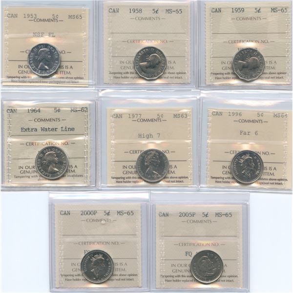 Lot of 8 ICCS Graded Five Cents