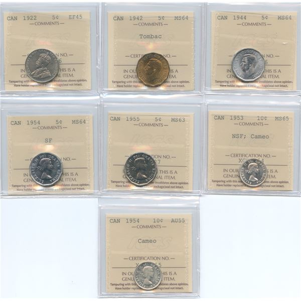 Lot of 7 ICCS Graded Five & Ten Cents