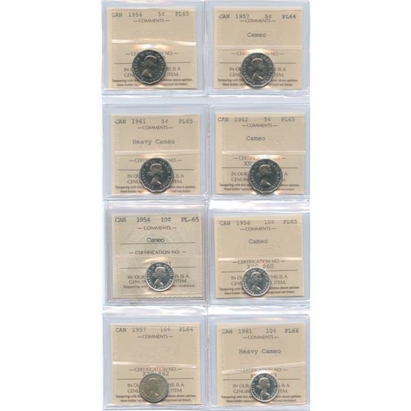 Lot of 8 ICCS Graded Proof Like Five & Ten Cents