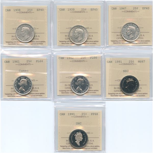 Lot of 7 ICCS Graded Twenty-Five Cents