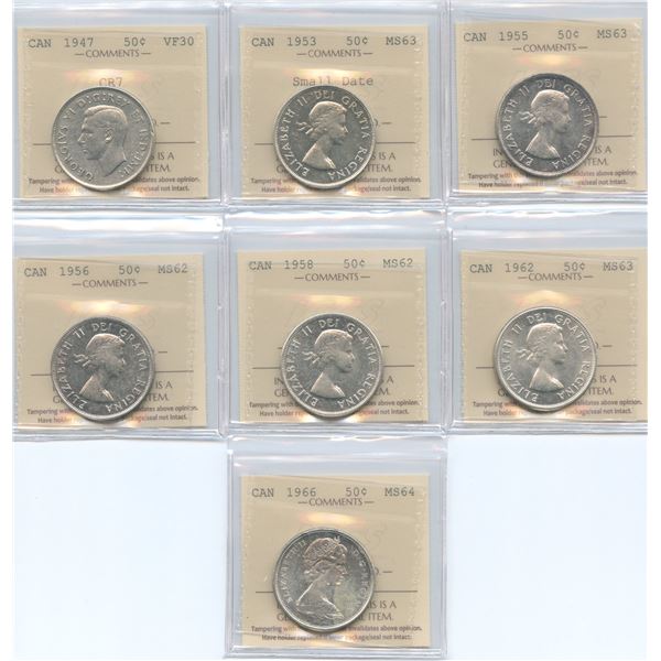 Lot of 7 ICCS Graded Fifty Cents