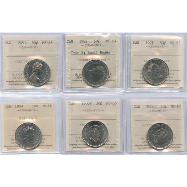 Lot of 6 ICCS Graded of Modern Fifty Cents
