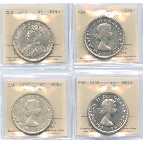 Lot of 4 ICCS Graded 1936 to 1958 Silver Dollars