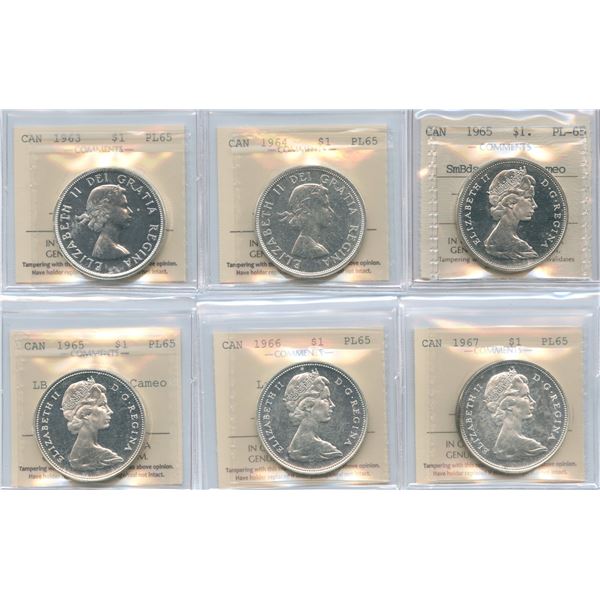 Lot of 6 ICCS Graded 1963 to 1967 Proof Like Silver Dollars