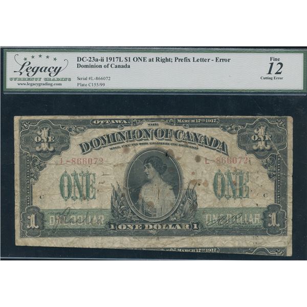Dominion of Canada $1, 1917 - Error Cut