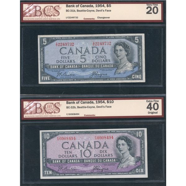 Bank of Canada $5 & $10, 1954 Devil's Face Pair