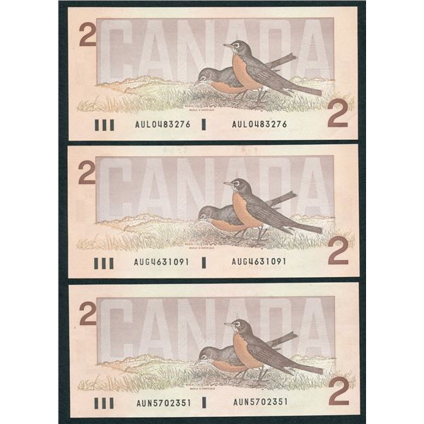 Bank of Canada $2, 1986 - Lot of 3 Changeover's
