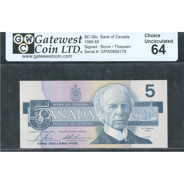 Bank of Canada $5, 1986 - GPW Changeover