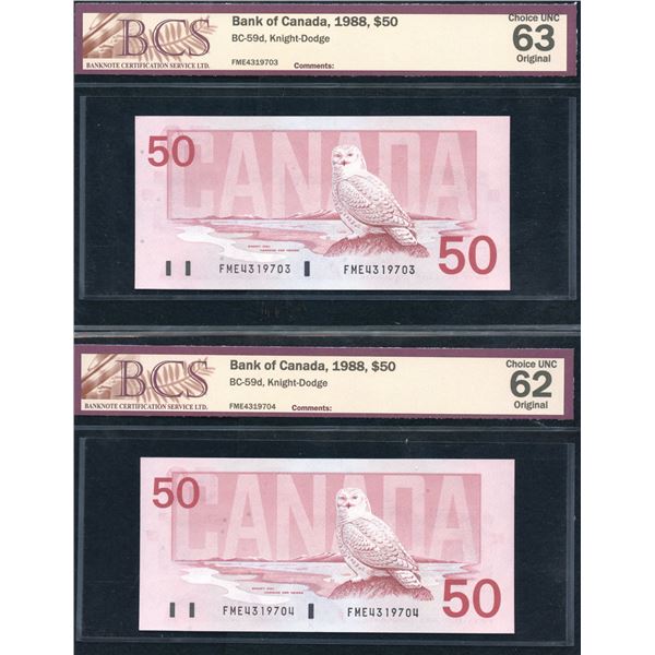 Bank of Canada $50, 1988 - Consecutive Pair