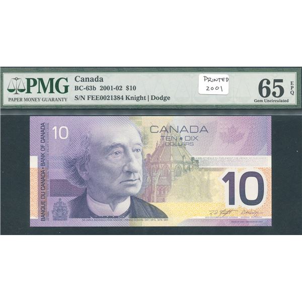 Bank of Canada $10, 2001 - FEE Changeover