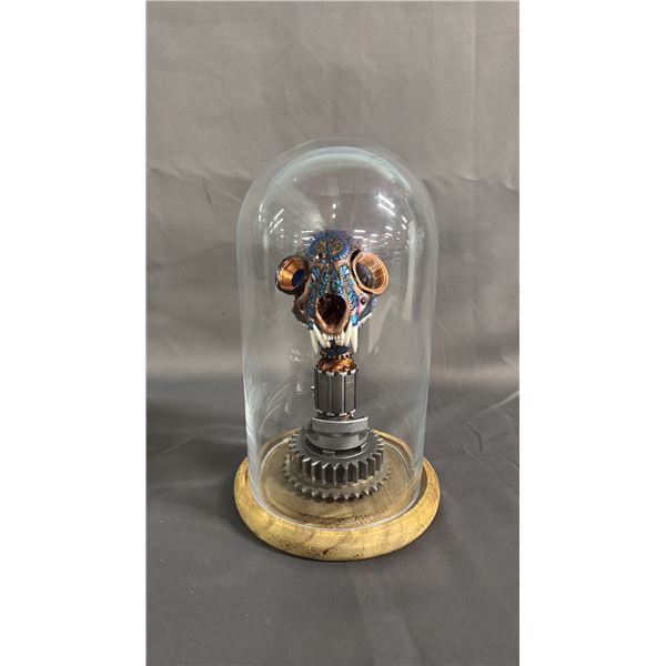 PAINTED STEAMPUNK SKULL ON STAND WITH REMOVABLE GLASS LID - APPROX. 11" TALL