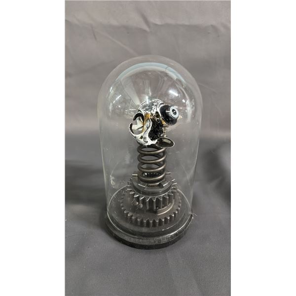 PAINTED STEAMPUNK SKULL ON STAND WITH REMOVABLE GLASS LID: APPROX. 7.5" TALL