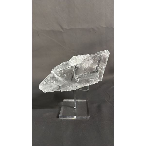 CLEAR SELENITE CRYSTAL ON STAND: CRYSTAL IS APPROX. 7"W X 4"T