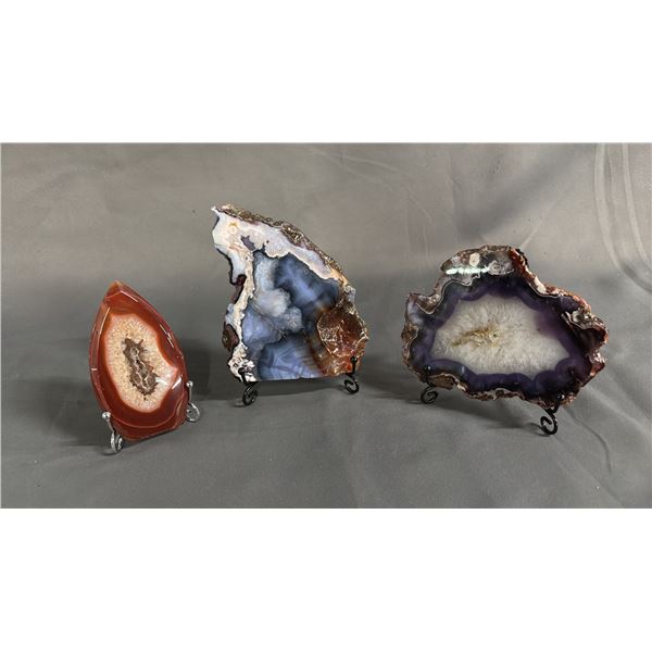 AMETHYST AGATE GEODE SLICE, BLUE FLOWER AGATE SLICE & CARNELIAN DRUZY SLICE: ALL WITH STANDS