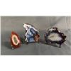 Image 1 : AMETHYST AGATE GEODE SLICE, BLUE FLOWER AGATE SLICE & CARNELIAN DRUZY SLICE: ALL WITH STANDS