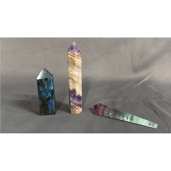5" LABRADORITE TOWER, 7.5" AMETHYST & AGATE TOWER & 6.5" FLUORITE TOWER