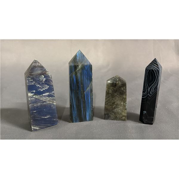 (4) LABRADORITE & AGATE TOWERS: LARGEST IS APPROX. 4" TALL
