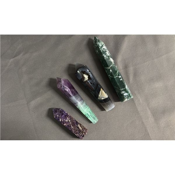 MOSS AGATE, VOLCANO AGATE, RAINBOW FLUORITE & CHAROITE TOWERS: LARGEST IS APPROX. 6" TALL