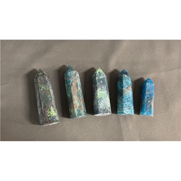 (5) RUBY KYANITE & BLUE APATITE TOWERS: LARGEST IS APPROX. 3" TALL