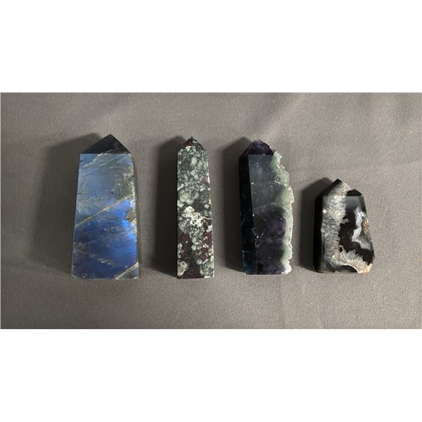 LABRADORITE, DRUZY AGATE, FLUORITE & EUDALYTE TOWERS: LARGEST IS APPROX. 3.5" TALL