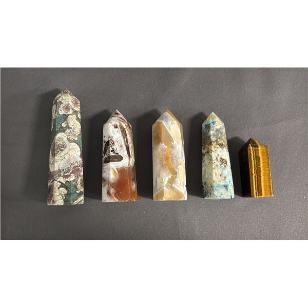 TIGER'S EYE, FLOWER AGATE, SODALITE, JASPER & CARNELIAN AGATE TOWERS: LARGEST IS APPROX. 3.5" TALL