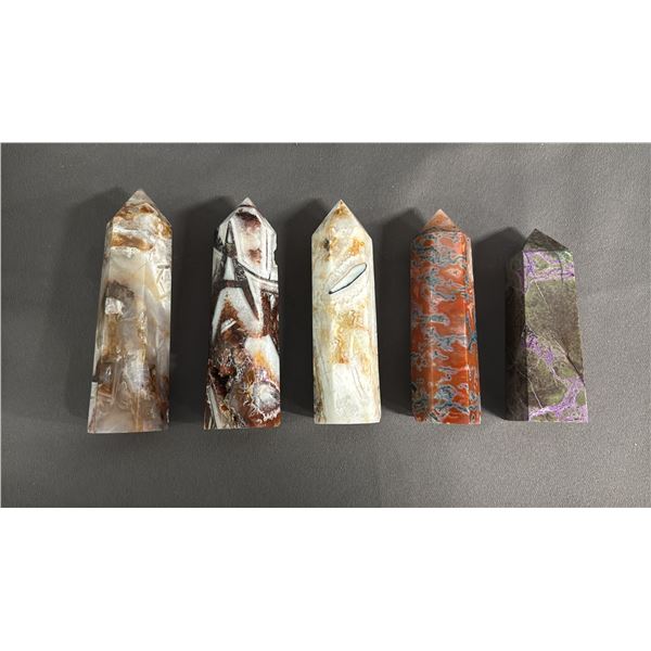 (5) ASSORTED AGATE & ATLANTISITE TOWERS: LARGEST IS APPROX. 4" TALL