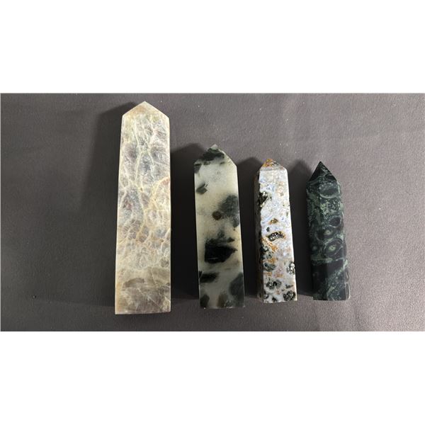 (4) JASPER, MOONSTONE & TOURMALINE QUARTZ TOWERS: LARGEST IS APPROX. 5" TALL