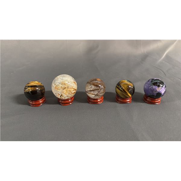 (5) TIGER'S EYE, AMETHYST, SMOKEY QUARTZ & OTHER SPHERES WITH STANDS: LARGEST IS APPROX. 1"