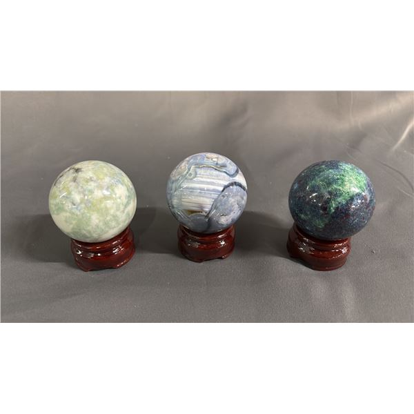 GREEN TOURMALINE QUARTZ, RUBY IN KYANITE & BLUE FLOWER AGATE 2" SPHERES ON STANDS