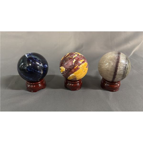 MOOAKITE JASPER, BLUE SODALITE & FLUORITE QUARTZ 2.5" SPHERES ON STANDS