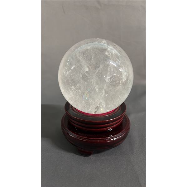 4" QUARTZ SPHERE ON ROTATING WOOD STAND
