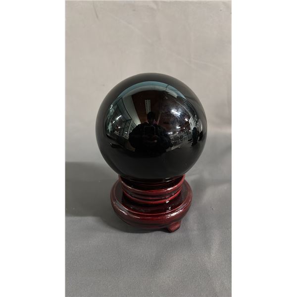 4" BLACK ONYX SPHERE ON ROTATING WOOD STAND