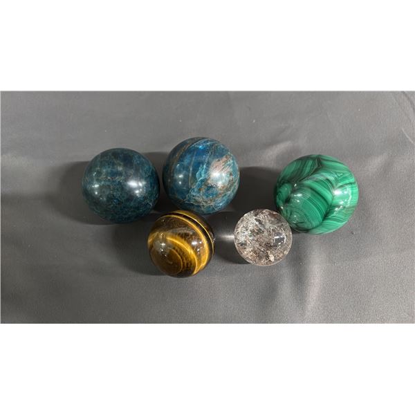 TIGER'S EYE, APATITE, MALACHITE & RUTILATED QUARTZ SPHERES: SIZES RANGE 1" - 2" DIAMETER
