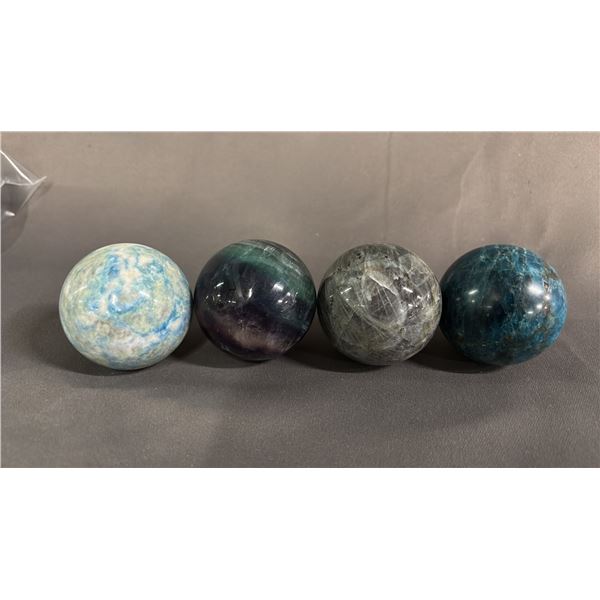 FLUORITE, GREY MOONSTONE & (2) BLUE APATITE,  2" SPHERES