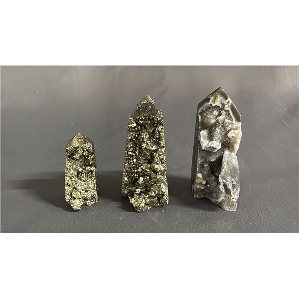(2) PYRITE CRYSTAL TOWERS & A DRUZY SPHALERITE CRYSTAL TOWER: TALLEST IS APPROX. 3"
