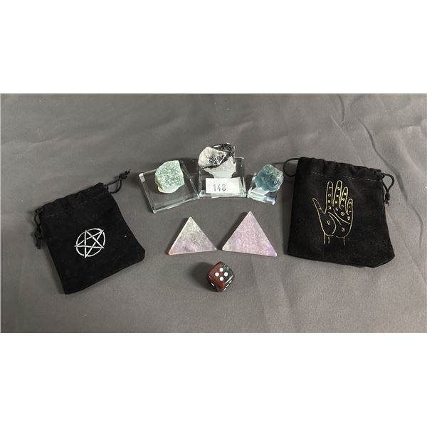 GREEN FLUORITE, BLACK TOURMALINE, GREEN QUARTZ, CARVED FLUORITE TRIANGLES & GEMSTONE 6-SIDED DICE