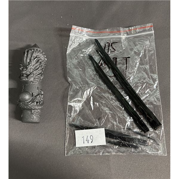 VIVIANITE CRYSTAL SHARDS (LONGEST IS APPROX. 5") & CARVED 4" SHUNGITE DRAGON TOWER