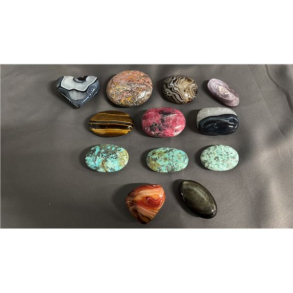 COLLECTION OF ASSORTED POLISHED RHODONITE, TIGER'S EYE, TURQUOISE & MORE