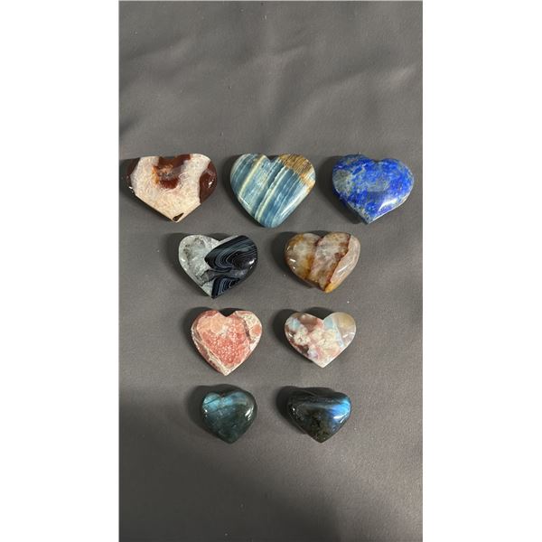 COLLECTION OF ASSORTED CARVED HEARTS: BLUE ONYX, LAPIS LAZULI, BLACK ONYX & MORE